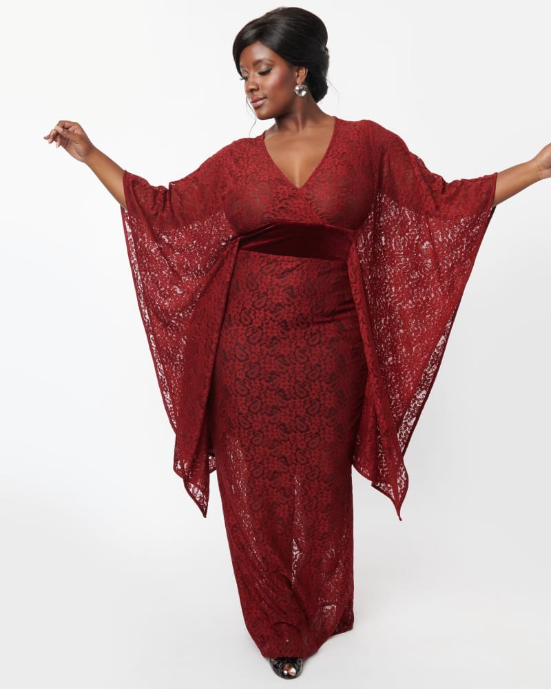 Unique Vintage Burgundy Floral Lace Desmond Caftan Dress Red Floral